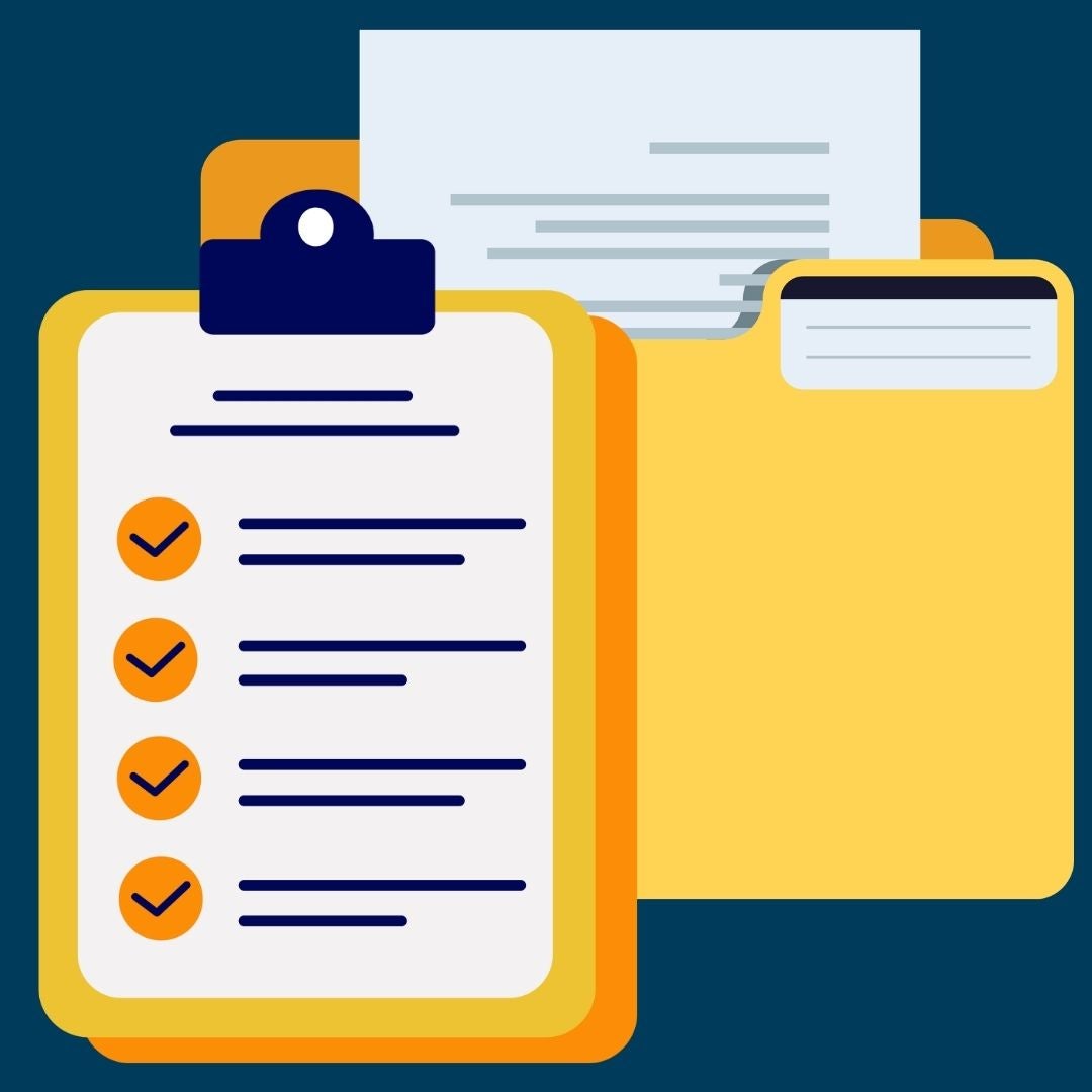 Clipboard with checklist and folder on a blue background.