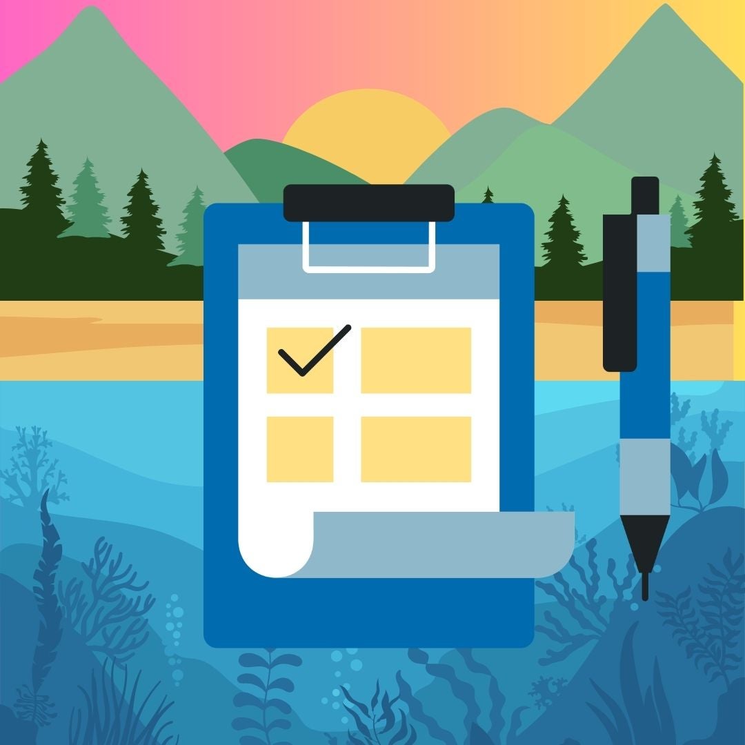 illustration of questionnaire on clipboard in fore ground with mountain, desert, and ocean landscapes in the background