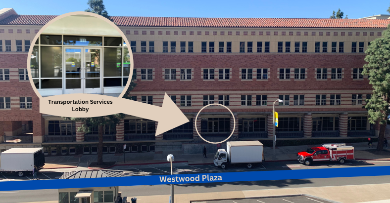 Exterior building picture with a close-up to the entrance door to the Transportation Services Lobby.