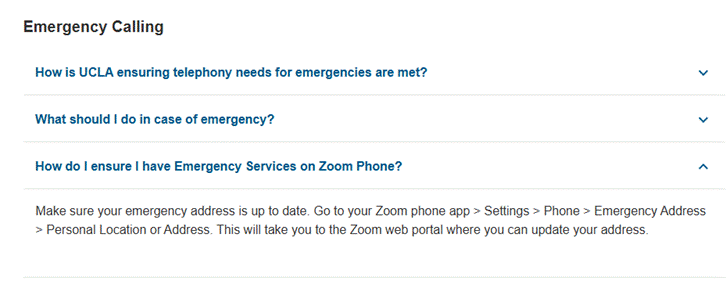 FAQs on emergency calling and updating address in Zoom settings.