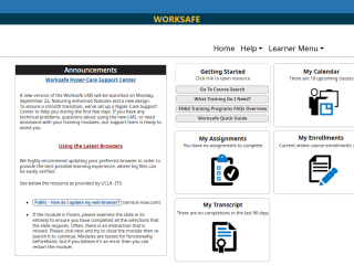 Worksafe LMS homepage preview with tiles and an announcement widget.